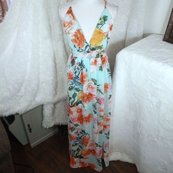 REVAMPED TURQUOISE/MINT FLORAL PLUNGE NECK MAXI DRESS SZ.S NWT - Picture 2 of 10